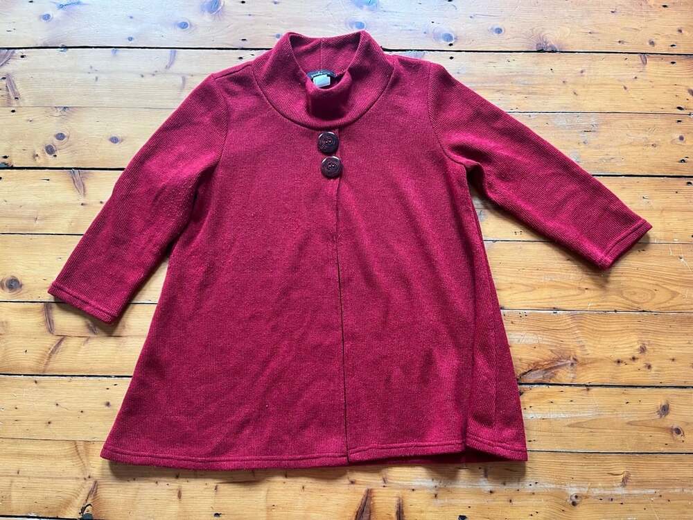 Yushi Sweater Coat Size M Red Knit Mock Neck Two Button Swing Jacket Lagenlook
